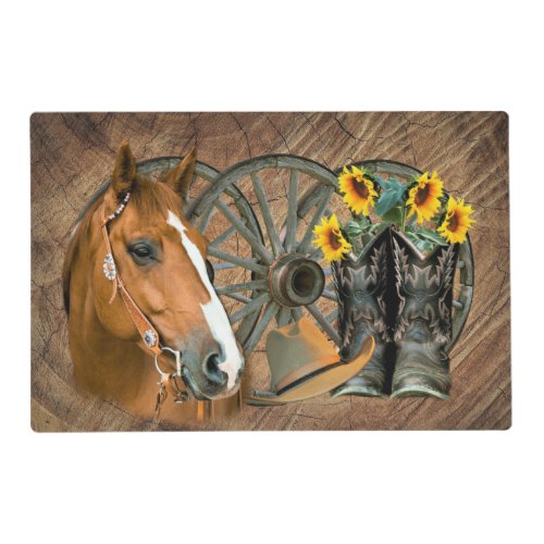 Horse Cowboy Boots Wagon Wheel Sunflowers Western Placemat