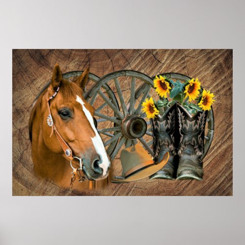 Horse Cowboy Boots Wagon Wheel Sunflowers Western Poster