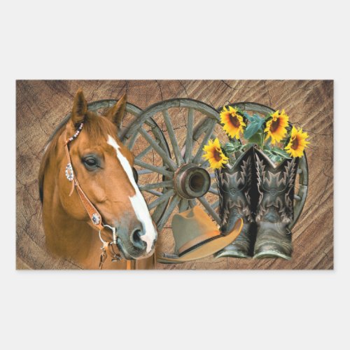 Horse Cowboy Boots Wagon Wheel Sunflowers Western Rectangular Sticker