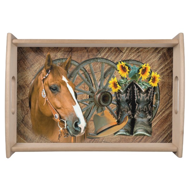 Horse Cowboy Boots Wagon Wheel Sunflowers Western Serving Tray (Front)