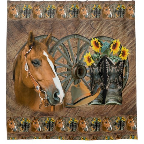 Horse Cowboy Boots Wagon Wheel Sunflowers Western Shower Curtain