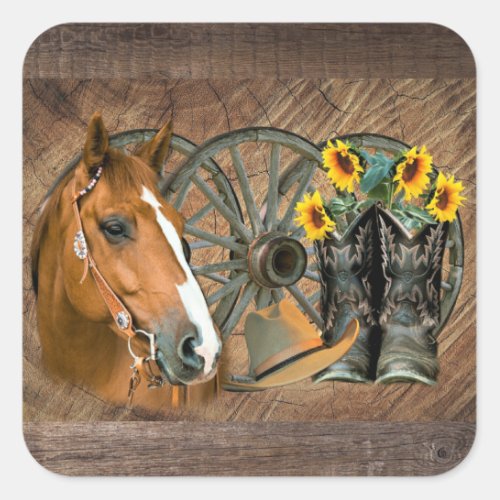 Horse Cowboy Boots Wagon Wheel Sunflowers Western Square Sticker