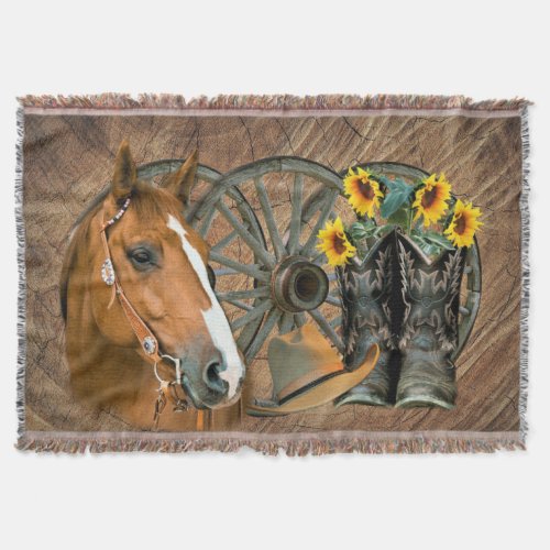 Horse Cowboy Boots Wagon Wheel Sunflowers Western Throw Blanket