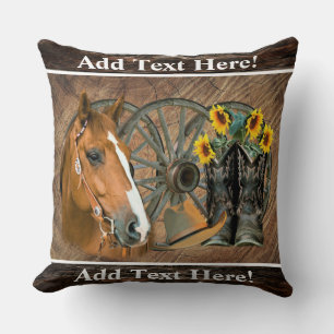 Horse Cowboy Boots Wagon Wheel Sunflowers Western Throw Pillow