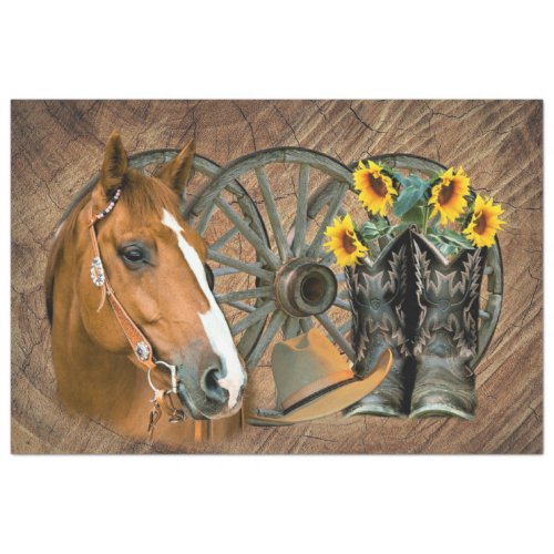 Horse Cowboy Boots Wagon Wheel Sunflowers Western Tissue Paper