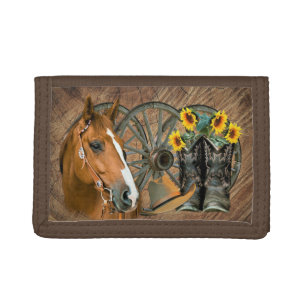 Horse Cowboy Boots Wagon Wheel Sunflowers Western Tri-fold Wallet
