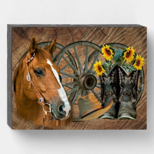Horse Cowboy Boots Wagon Wheel Sunflowers Western Wooden Box Sign