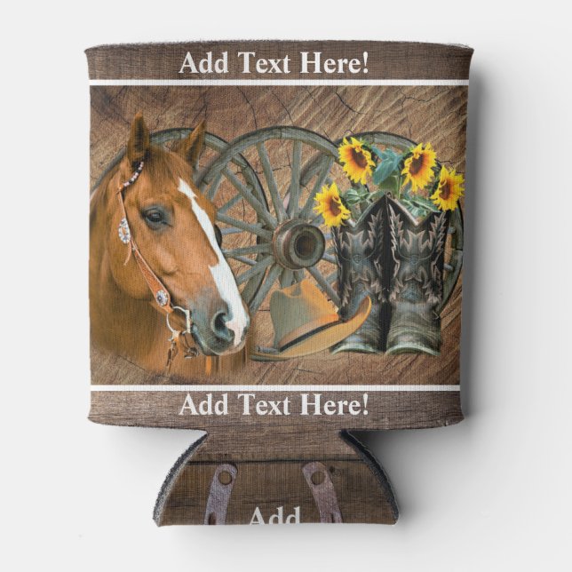 Horse Cowboy Boots Wagon Wheel Western Can Cooler (Front)