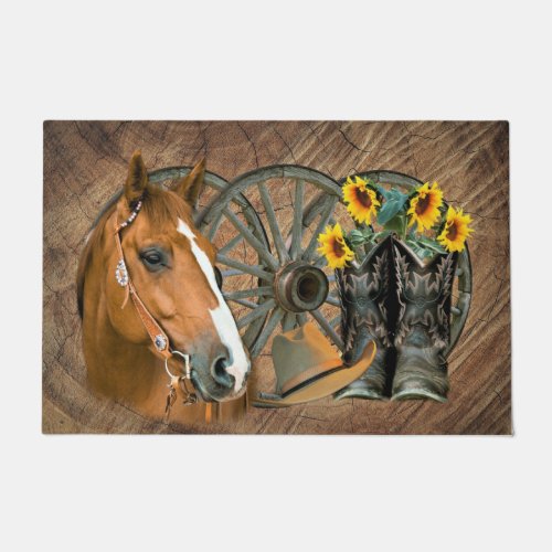 Horse Cowboy Boots Wagon Wheel Western Doormat