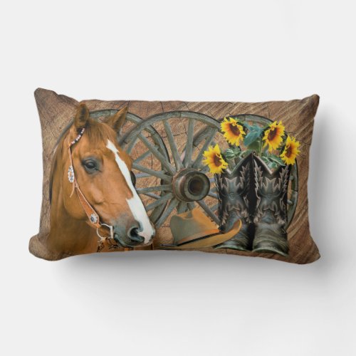 Horse Cowboy Boots Wagon Wheel Western Lumbar Pillow