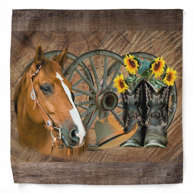 Horse Cowboy Boots Wagon Wheels Western Bandana (Front)