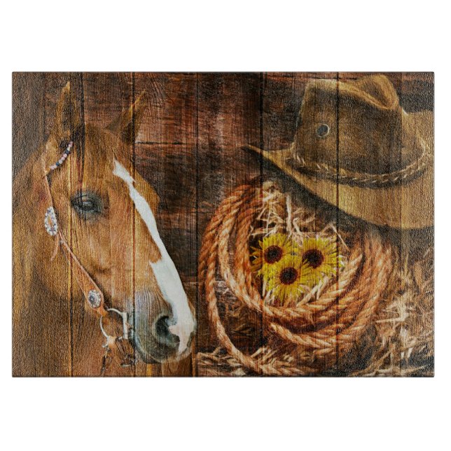 Horse Cowboy Hat Lasso Sunflower Rustic Barn Board (Front)