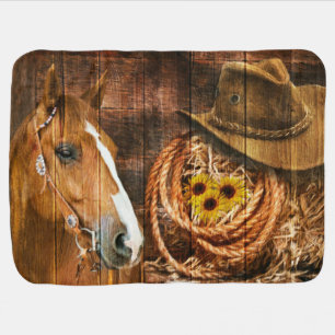 Horse Cowboy Hat Lasso Sunflower Rustic Barn Board Baby Blanket