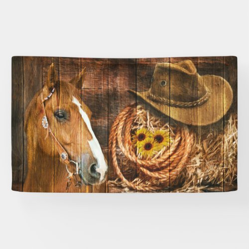 Horse Cowboy Hat Lasso Sunflower Rustic Barn Board Banner