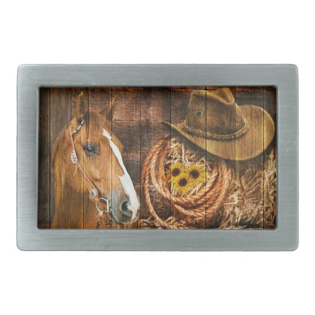 Horse Cowboy Hat Lasso Sunflower Rustic Barn Board Belt Buckle (Front)