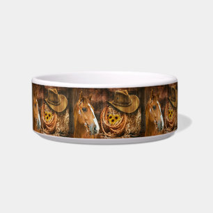 Horse Cowboy Hat Lasso Sunflower Rustic Barn Board Bowl