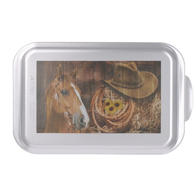 Horse Cowboy Hat Lasso Sunflower Rustic Barn Board Cake Pan (Front)