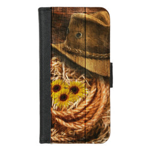 Horse Cowboy Hat Lasso Sunflower Rustic Barn Board iPhone 8/7 Wallet Case