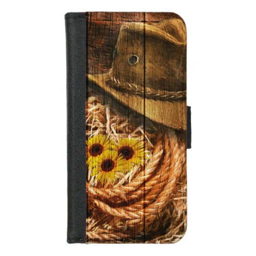 Horse Cowboy Hat Lasso Sunflower Rustic Barn Board iPhone 87 Wallet Case