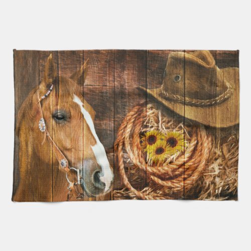 Horse Cowboy Hat Lasso Sunflower Rustic Barn Board Kitchen Towel