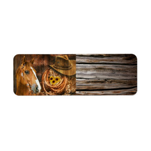 Horse Cowboy Hat Lasso Sunflower Rustic Barn Board Label