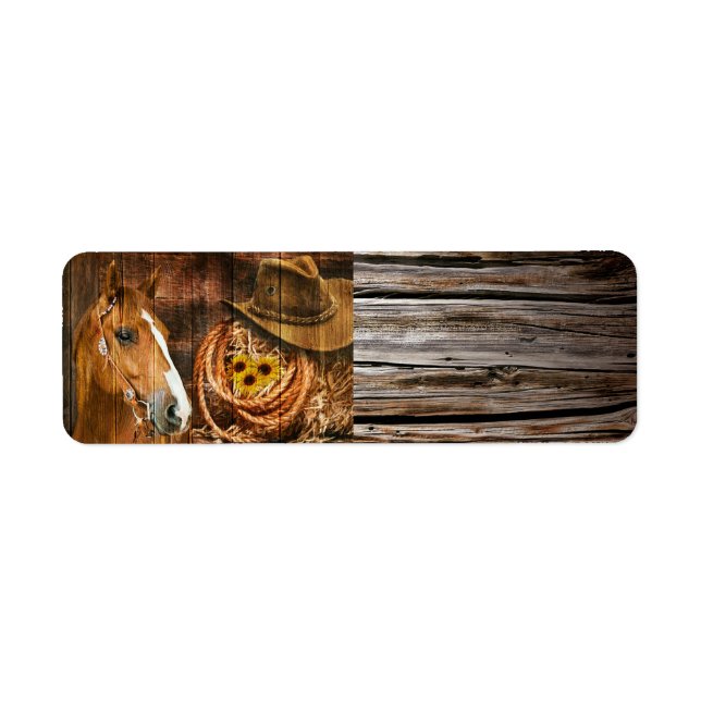 Horse Cowboy Hat Lasso Sunflower Rustic Barn Board Label (Front)