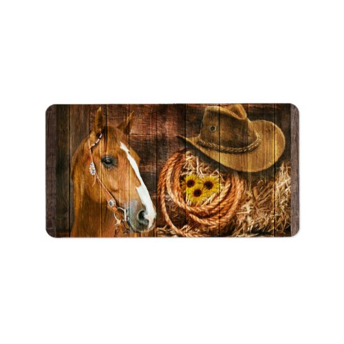 Horse Cowboy Hat Lasso Sunflower Rustic Barn Board Label