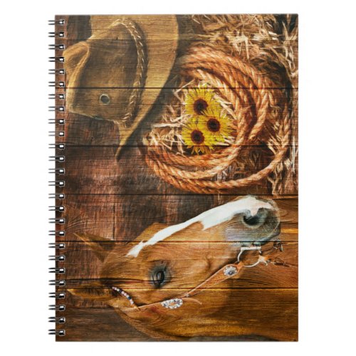 Horse Cowboy Hat Lasso Sunflower Rustic Barn Board Notebook
