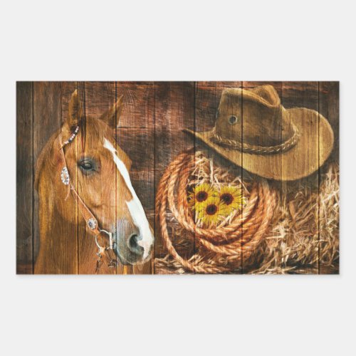 Horse Cowboy Hat Lasso Sunflower Rustic Barn Board Rectangular Sticker