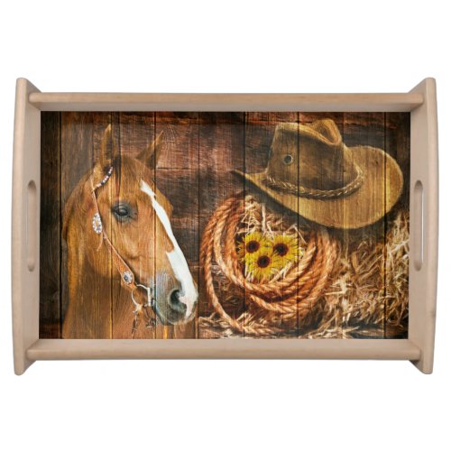 Horse Cowboy Hat Lasso Sunflower Rustic Barn Board Serving Tray