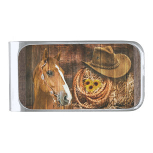 Horse Cowboy Hat Lasso Sunflower Rustic Barn Board Silver Finish Money Clip