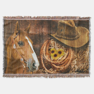 Horse Cowboy Hat Lasso Sunflower Rustic Barn Board Throw Blanket