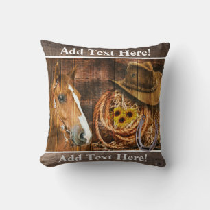 Horse Cowboy Hat Lasso Sunflower Rustic Barn Board Throw Pillow