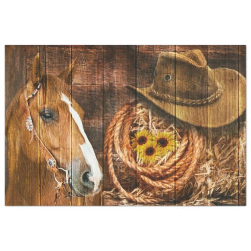 Horse Cowboy Hat Lasso Sunflower Rustic Barn Board Tissue Paper