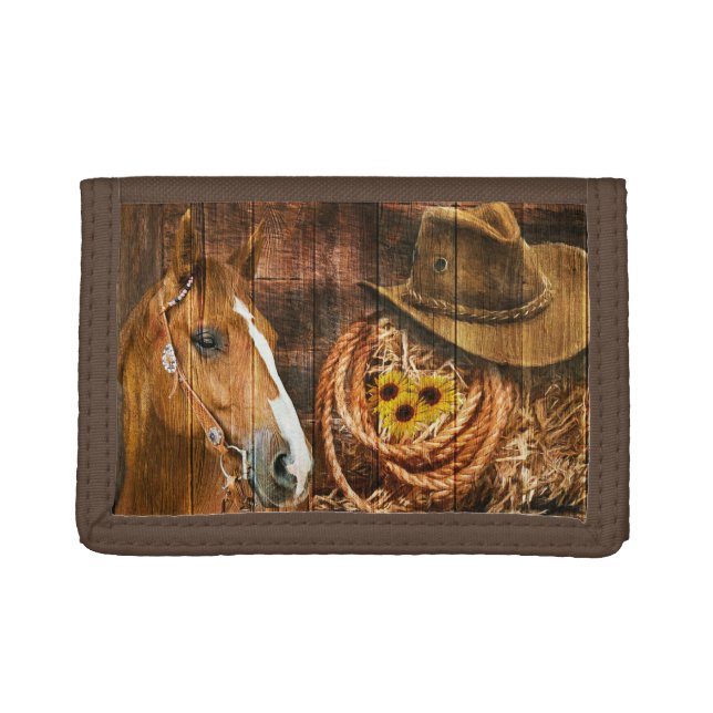 Horse Cowboy Hat Lasso Sunflower Rustic Barn Board Trifold Wallet (Front)