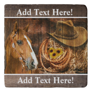 Horse Cowboy Hat Lasso Sunflower Rustic Barn Board Trivet