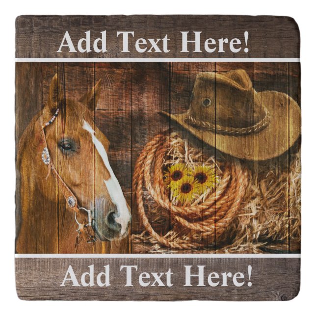 Horse Cowboy Hat Lasso Sunflower Rustic Barn Board Trivet (Front)