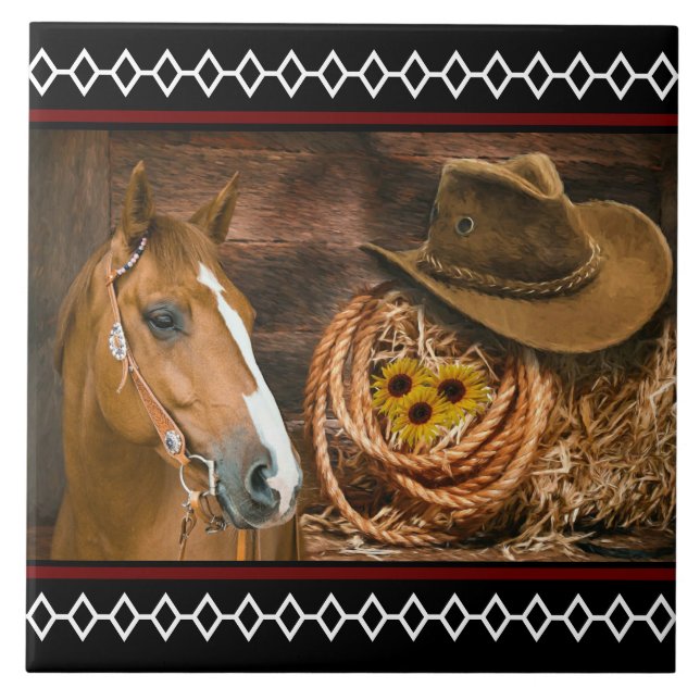 Horse Cowboy Hat Lasso Western Pattern Ceramic Tile (Front)