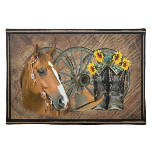 Horse Cowboy Hat Lasso Western Sunflowers Cloth Placemat