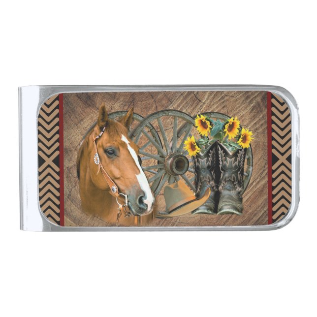 Horse Cowboy Hat Lasso Western Sunflowers Silver Finish Money Clip (Front)
