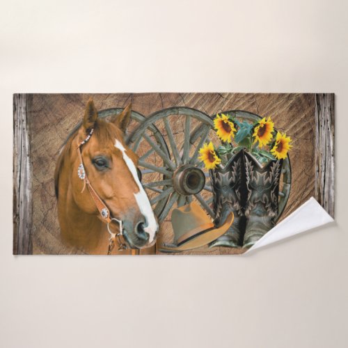 Horse Cowboy Hat Western Wagon Wheels Sunflowers Bath Towel Set