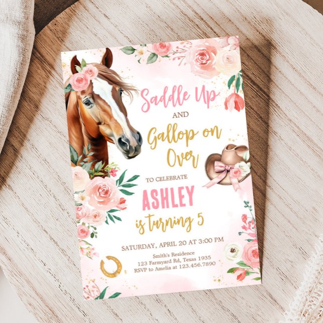 Horse Cowgirl Birthday Party Invitation (Pink Floral Horse Cowgirl Birthday Party Invitation)