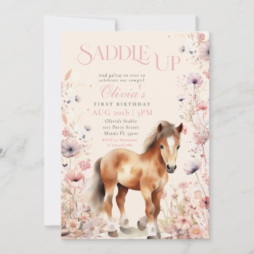 Horse Cowgirl Equestrian Wildflowers Pink Birthday Invitation