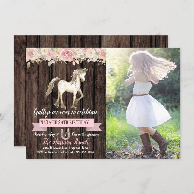 Horse Cowgirl Photo Girl Pony Birthday Party Invitation (Front/Back)