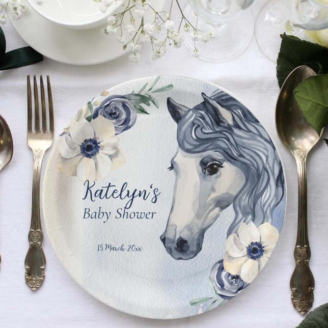 Horse cowgirl ranch  baby shower tableware paper plates (Horse themed baby shower personalized plates beautiful watercolor horse portrait with flowers)
