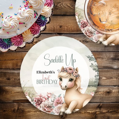 Horse Cowgirl Saddle Up 1st Birthday Round Paper Coaster