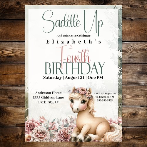 Horse Cowgirl Saddle Up 4th Birthday Invitation