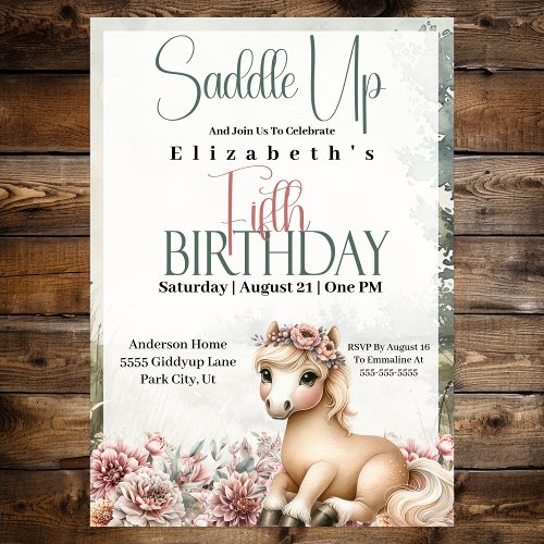 Horse Cowgirl Saddle Up 5th Birthday Invitation