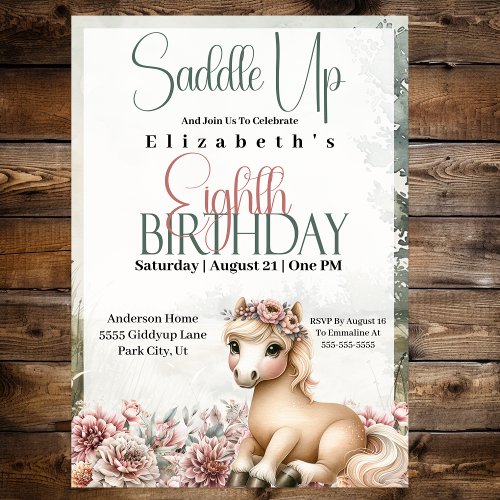 Horse Cowgirl Saddle Up 8th Birthday Invitation