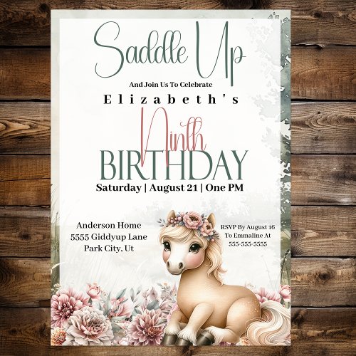 Horse Cowgirl Saddle Up 9th Birthday Invitation